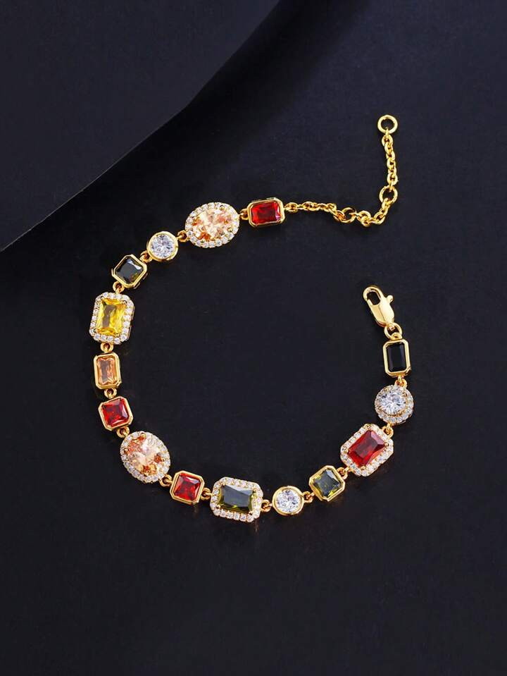 1pc Beautiful Multi Shape Colorful Cubic Zirconia Link Chain Bracelets For Women, Adjustable Size, Hand Jewelry, Wedding/Party/Anniversary/Birthday Gift | SHEIN