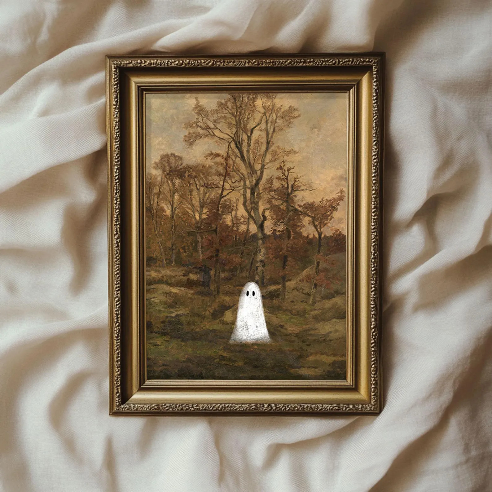 Little Ghost in Autumn Landscape Vintage Painting Farmhouse Fall Decor Special Halloween Edition ... | Etsy (US)