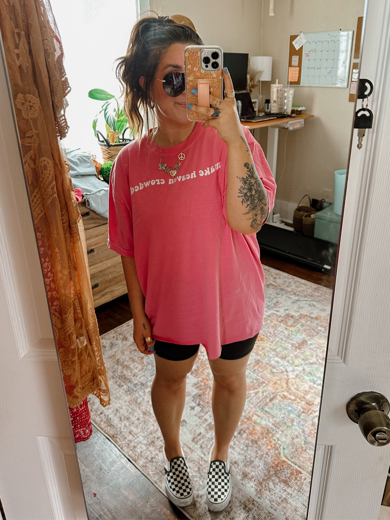 Etsy oversized tee outfit! Biker shorts outfit! Wearing make heaven crowded oversized tee in XL in pink! biker shorts come in 3 pack for $15!!! Wearing medium. Platform checkered vans and sunnies! 

#LTKSeasonal #LTKU #LTKSpringSale