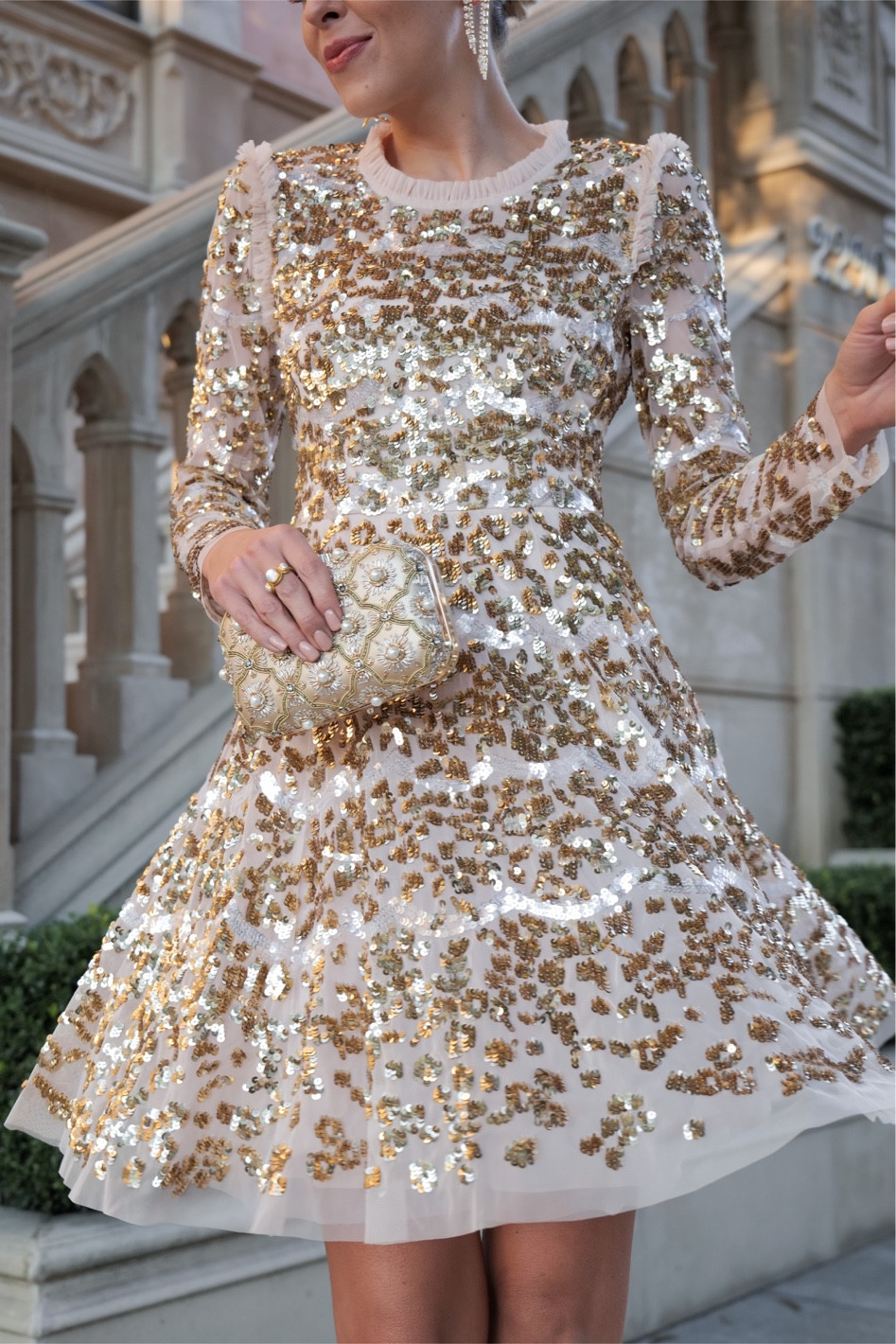 Sequin gold holiday dress Needle & Thread London. 

Gold accessories  

#LTKitbag #LTKGiftGuide #LTKHoliday