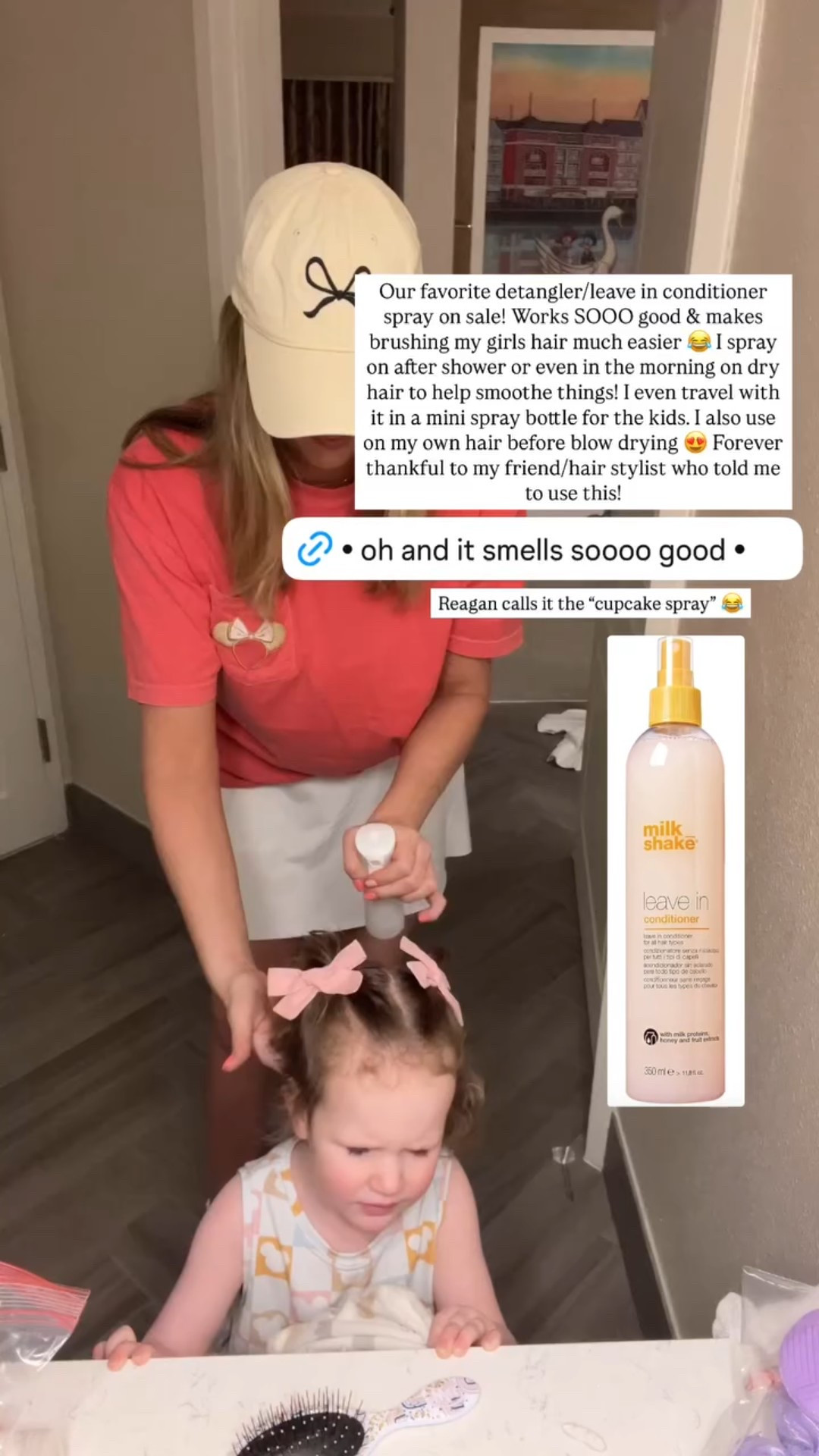 Our favorite detangler/leave in conditioner spray on sale! Works SOOO good & makes brushing my girls hair much easier 😂 I spray on after shower or even in the morning on dry hair to help smoothe things! I even travel with it in a mini spray bottle for the kids. I also use on my own hair before blow drying 😍 Forever thankful to my friend/hair stylist who told me to use this! Reagan calls it the “cupcake spray” 😂