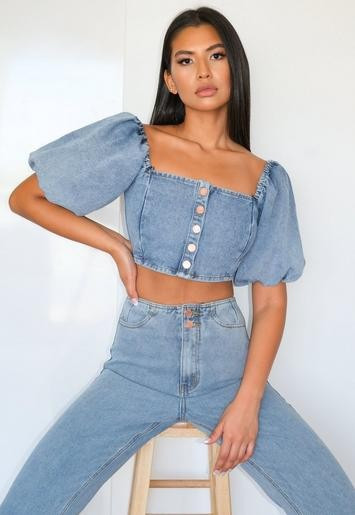 Blue Co Ord Balloon Sleeve Denim Milkmaid Top | Missguided (US & CA)