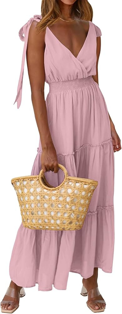 PRETTYGARDEN Women's Cross Neck Spring Sleeveless Tiered Maxi Dress Beach Tie Strap Smocked Long ... | Amazon (US)