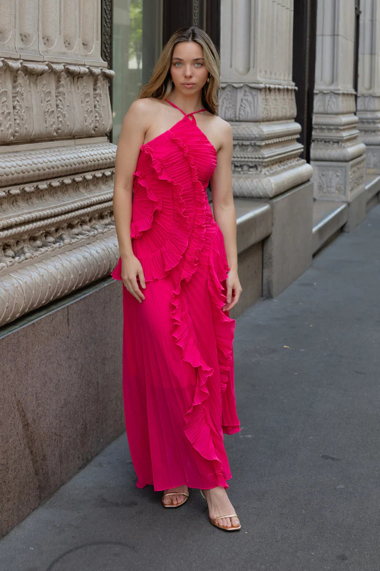 Verona Garden Ruffle Midi Dress - Fuchsia | Confête