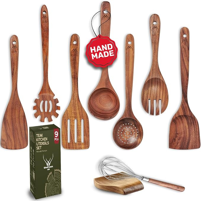 9 Pcs Teak Wooden Spoons for Cooking with Rest - Premium Utensils Set with Long Handles – Heat-... | Amazon (US)