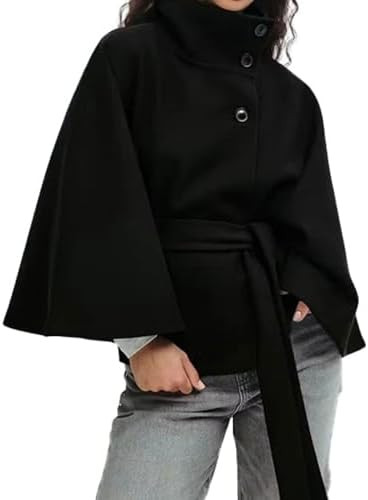 Hooever Women Batwing Sleeve Ponchos Pea Coat Wool Bland Stand Collar Jacket Winter Cropped Overc... | Amazon (US)