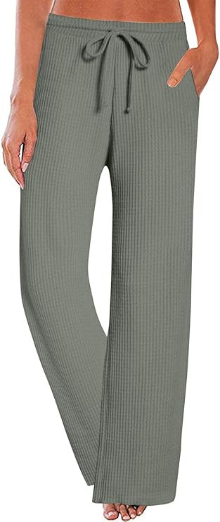 LEANI Women’s Comfy Casual Pajama Pants Waffle Knit Drawstring Waist Wide Leg Palazzo Lounge Pa... | Amazon (US)