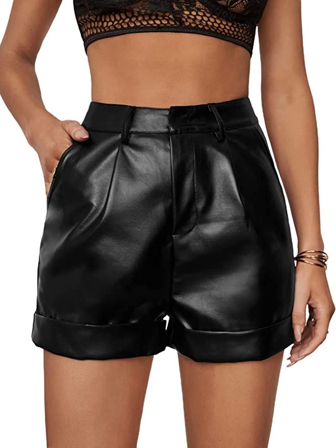 WDIRARA Women's High Waisted PU Leather Shorts Roll Hem Shorts with Pockets Black S | Amazon (US)