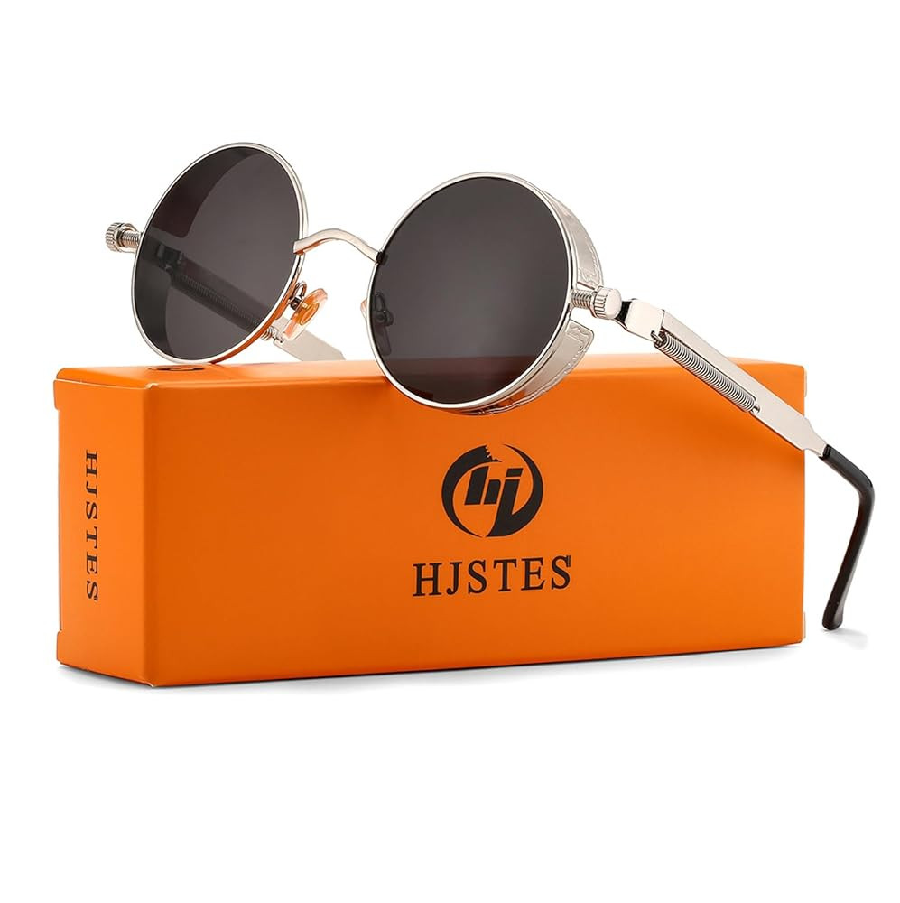HJSTES Vintage Round Steampunk Sunglasses for Women Men Circle Gothic Glasses Retro Metal Frame | Amazon (US)