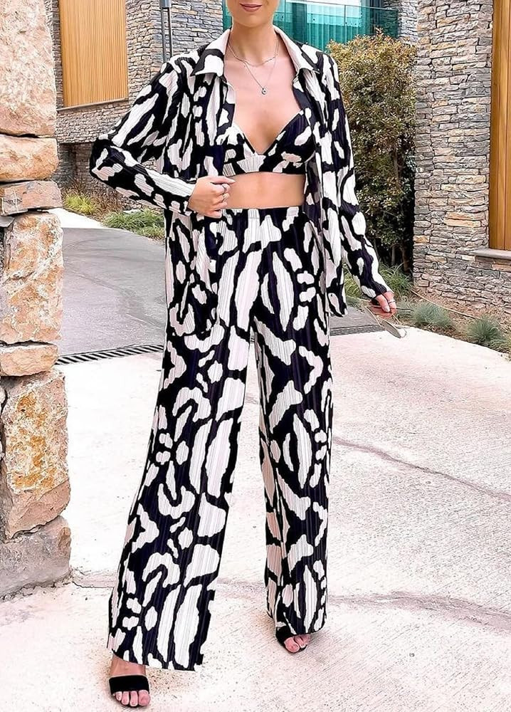 Women Floral 2 Piece Pants Set V Neck Long Sleeve Blouse Tops High Waist Casual Trousers Loose Fit S | Amazon (US)
