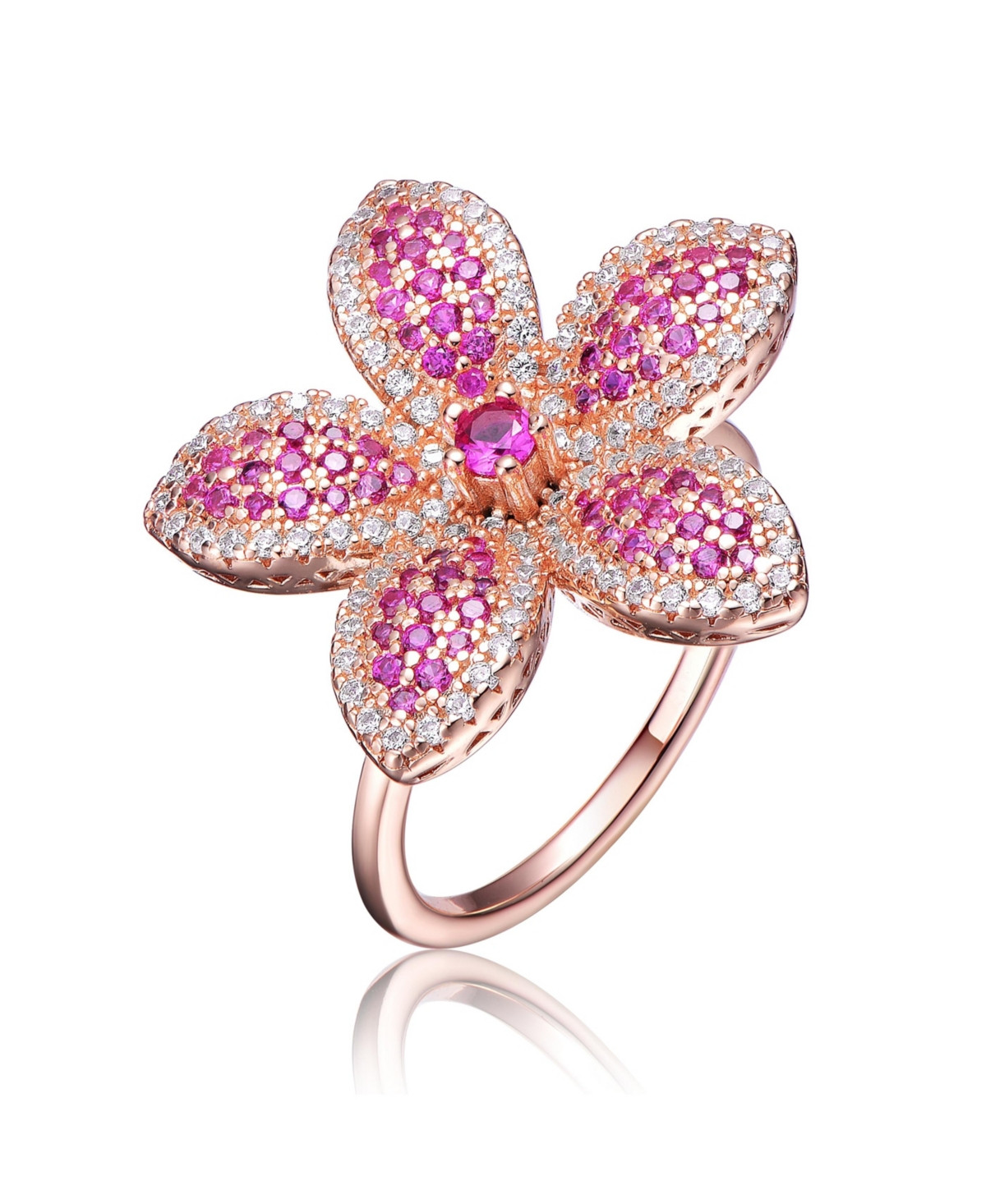 Sterling Silver 18K Rose Plated Clear and Ruby Cubic Zirconia Flower Coctail Ring | Macys (US)