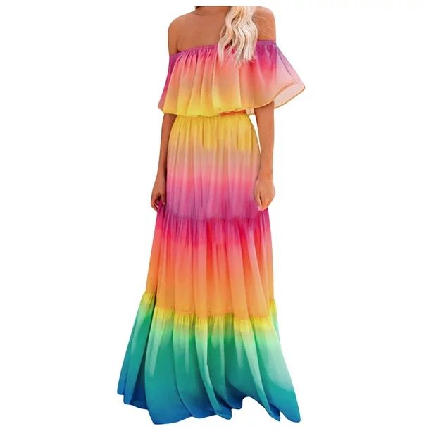 Mnycxen summer dresses Women's Fashion Rainbow Off Shoulder Tiered Maxi Dress | Walmart (US)