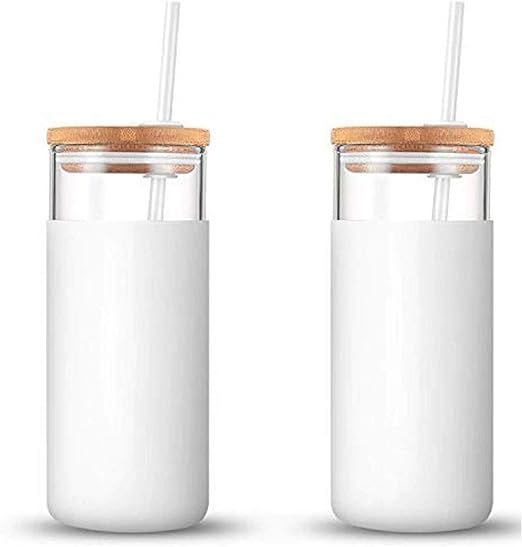 Tronco 20oz Glass Tumbler Straw Silicone Protective Sleeve Bamboo Lid - BPA Free(White/2-Pack) | Amazon (US)