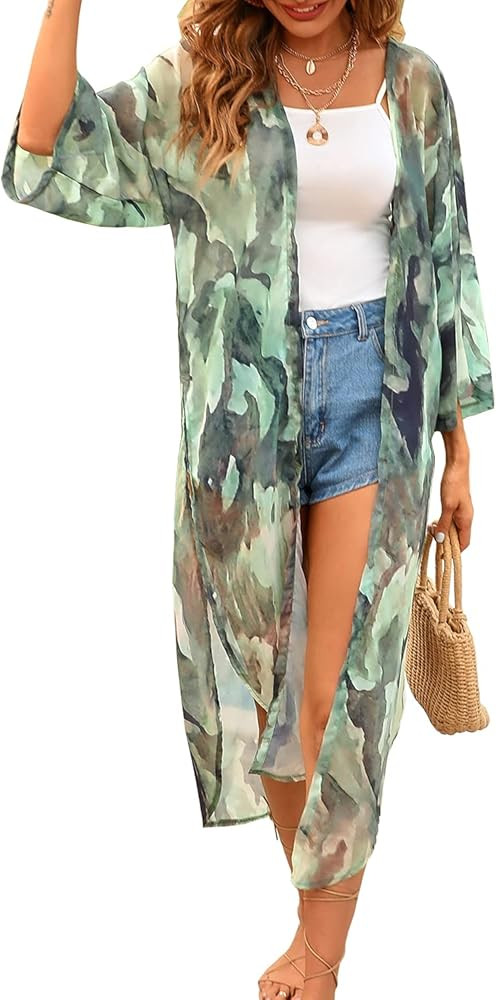 MayBuy Women's Summer Long Flowy Kimono Cardigans Boho Chiffon Floral Beach Cover Up Tops | Amazon (US)