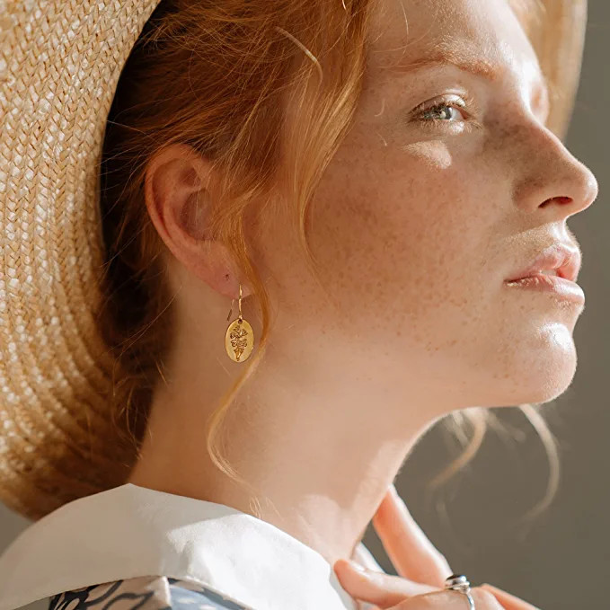 Moodear Birth Flower Earrings 18K Gold Engraved Birth Month Flower Dangle Earrings Dainty Minimal... | Amazon (US)