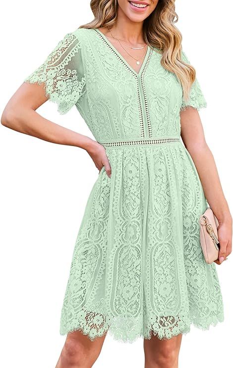 MEROKEETY Women's V Neck Floral Lace Wedding Dress Short Sleeve Cocktail Party Dress | Amazon (US)