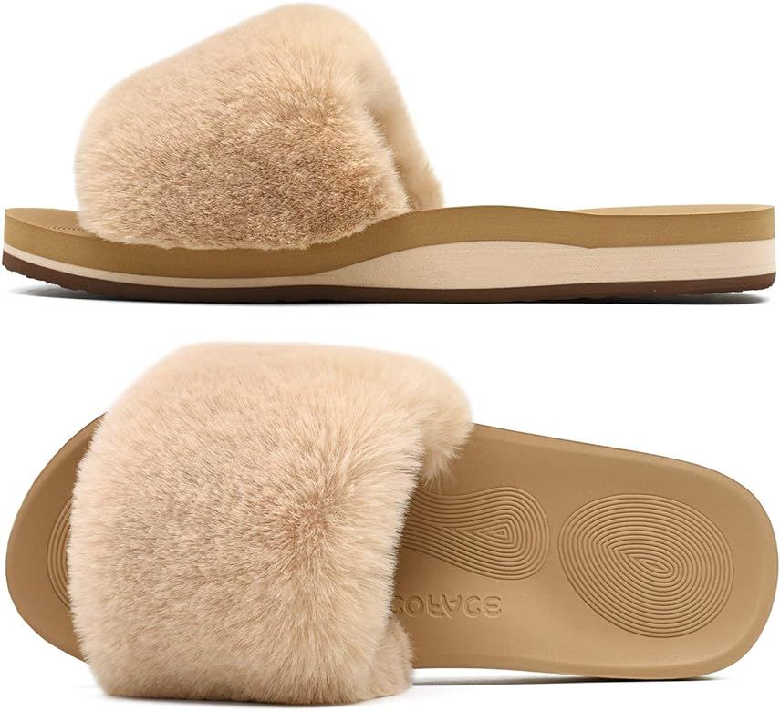 Amazon.com | COFACE Womens Sliders Plush House Slippers Flat Sandals For Women Memory Foam Fuzzy ... | Amazon (US)