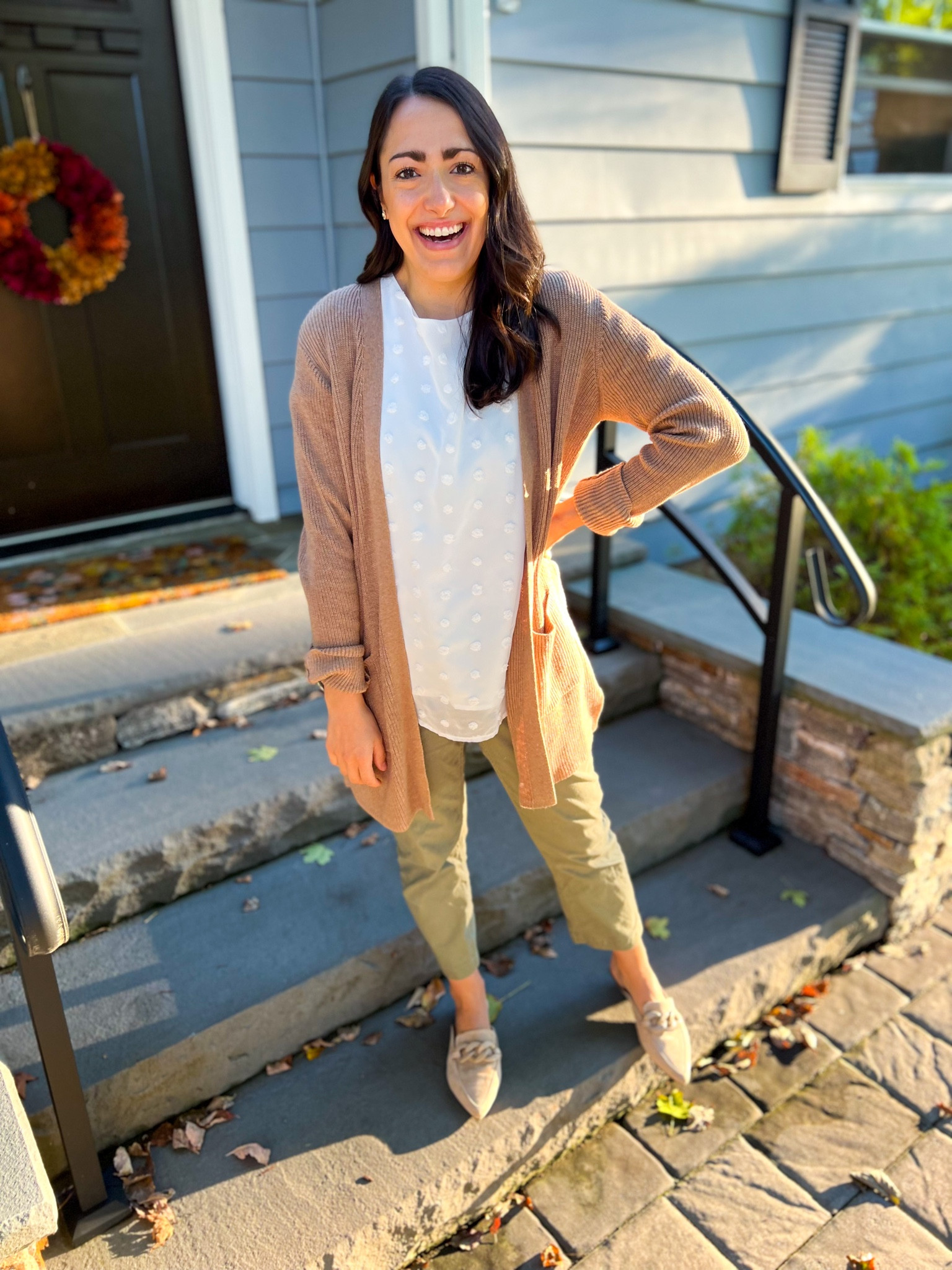 Cardigan: small
Top: small
Pants: 2 petite
Mules: size up half 

#LTKSeasonal #LTKworkwear #LTKstyletip