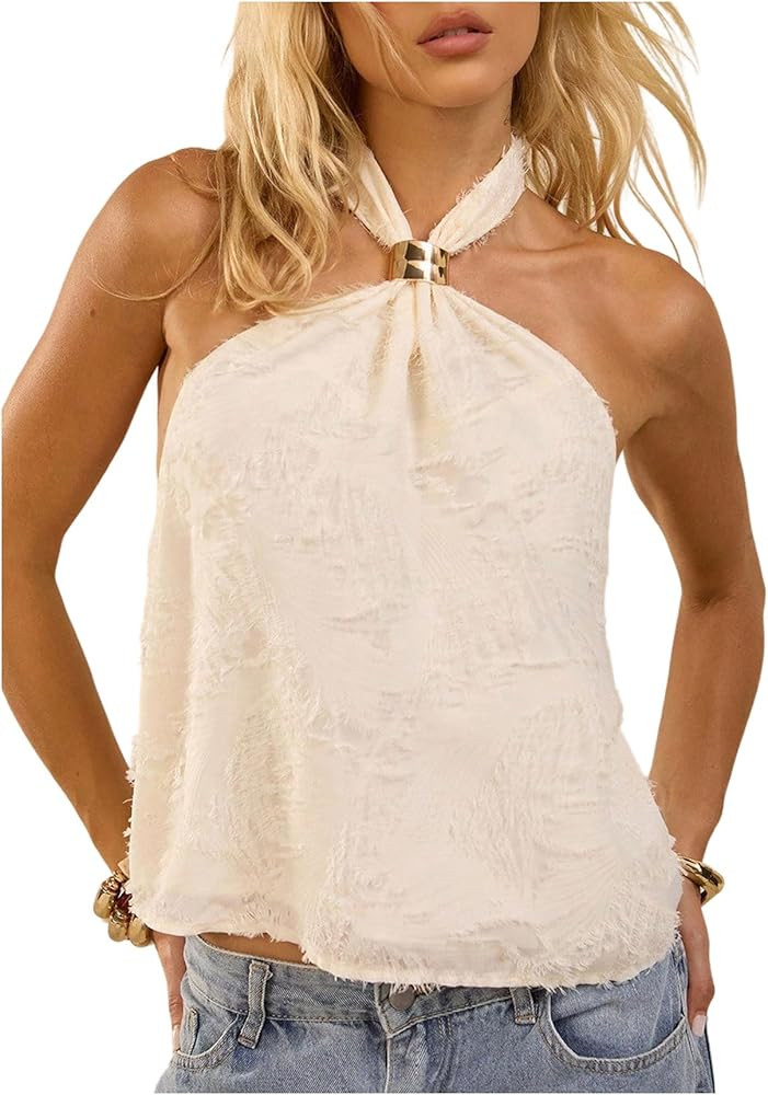 MakeMeChic Women's Tie Open Back Halter Tops Metal Sleeveless Summer Tank Top | Amazon (US)
