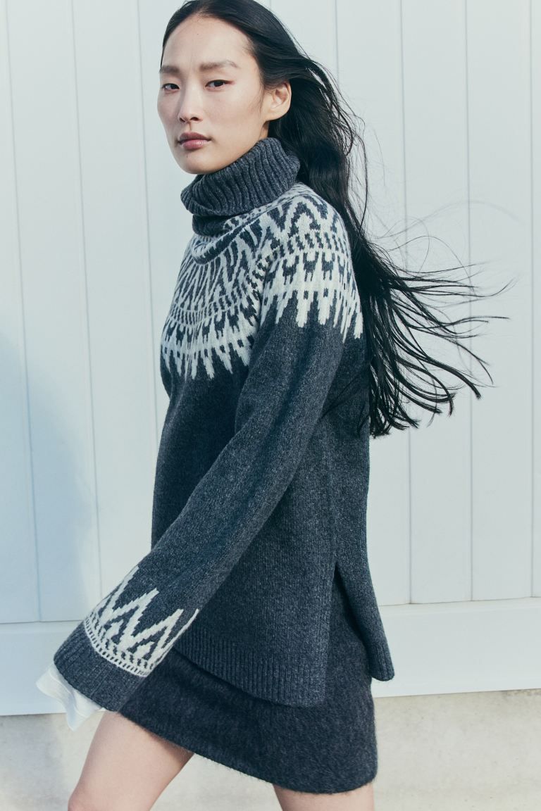 Jacquard-knit polo-neck jumper - Dark grey/Patterned - Ladies | H&M GB | H&M (UK, MY, IN, SG, PH, TW, HK)
