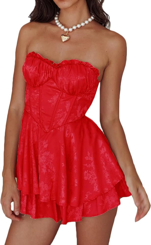 Womens Y2k Ruffle Strapless Corset Dress Flowy A-line Mini Tube Dress Fairy Princess Party Gown S... | Amazon (US)