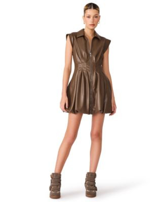 Steve Madden Women's Dyanne Sleeveless Collared Bubble-Hem Faux Leather Mini Dress - Deep Fig | Macy's