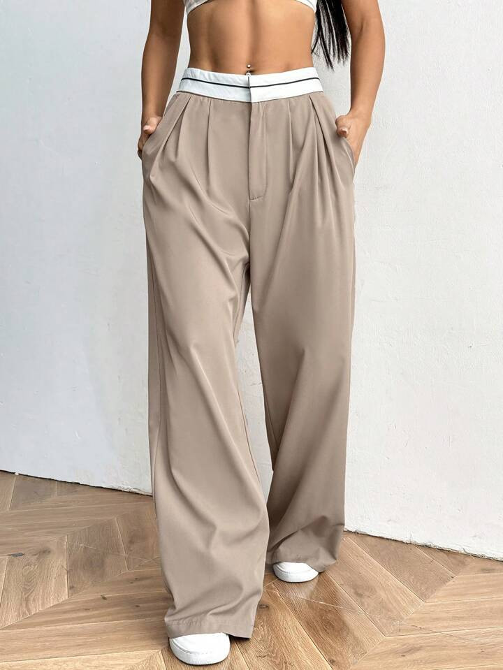 SHEIN EZwear Contrast Color Pocket Casual Suit Wide-Leg Pants | SHEIN