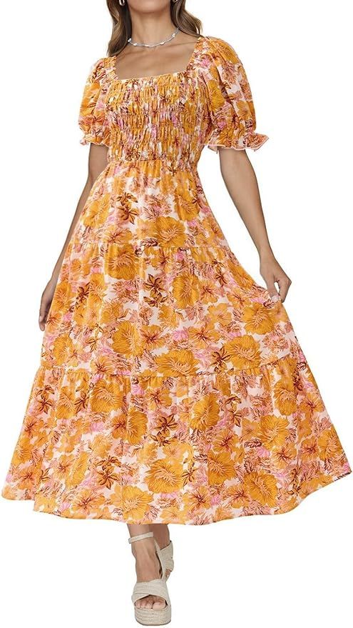 PRETTYGARDEN Women's 2023 Boho Floral Summer Dresses Square Neck Puff Sleeve A Line Long Dress Sm... | Amazon (US)