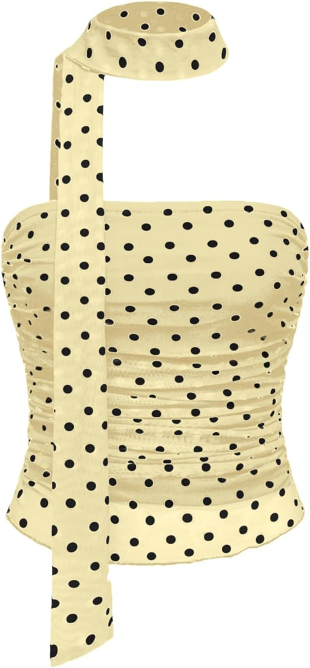 Womens Y2k Polka Dot Mesh Crop Tube Top with Scarf Sleeveless Strapless Cute Fitted Ruched Bandea... | Amazon (US)