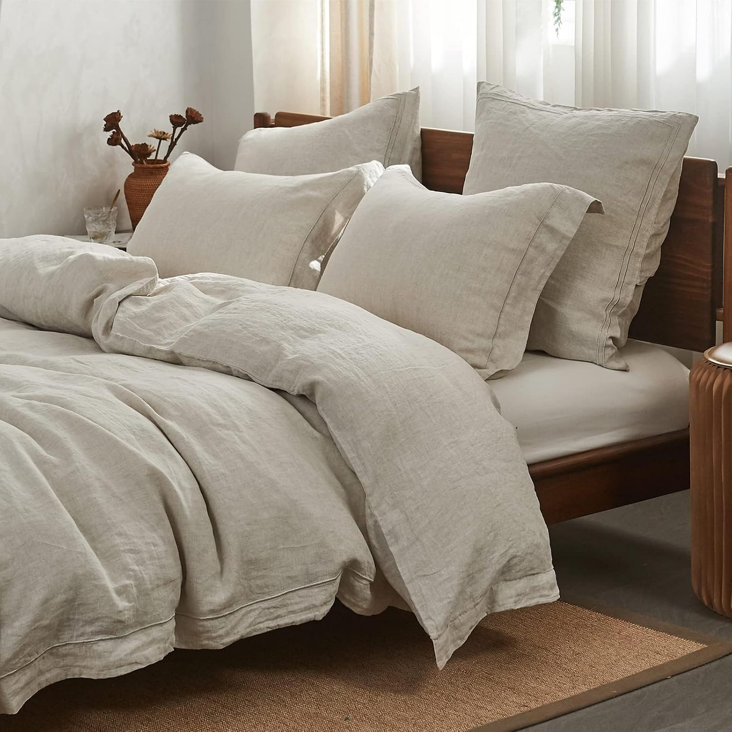 Simple&Opulence 100% French Flax Linen Duvet Cover Set with Embroidery Washed - 3 Pieces (1 Duvet Cover with 2 Pillow Shams) with Button Closure Soft Breathable Farmhouse - Linen, King Size | Amazon (US)