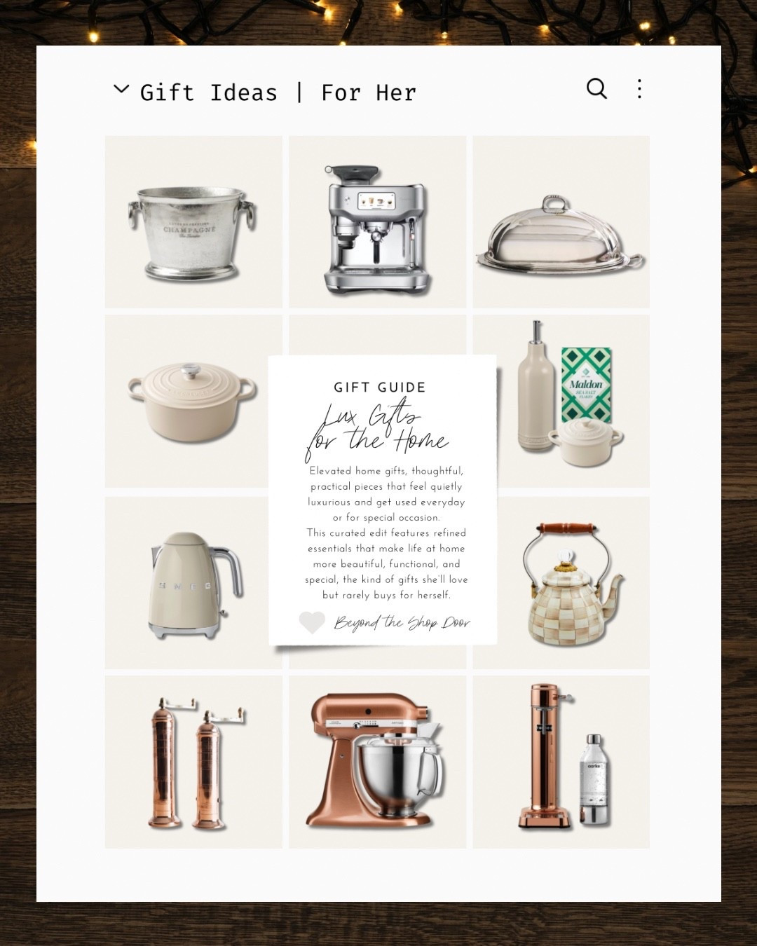 Lux Gifts Ideas for the Home | Gift Guide Edit

Elevated home gifts, thoughtful, practical pieces that feel quietly luxurious and get used everyday or for special occasion.
This curated edit features refined essentials that make life at home more beautiful, functional, and special, the kind of gifts she’ll love but rarely buys for herself.

Kitchen Aid | Champagne Bucket | Kettle | Le Creuset  | Copper Salt & Pepper Grinder | Aarke Carbonator | Silver Turkey Platter & Cloche

#LTKOver40 #LTKGiftGuide #LTKHome