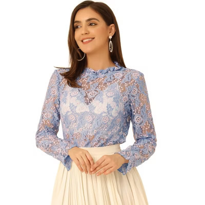INSPIRE CHIC Women's Crochet Lace See-Through Ruffle Frill Neck Floral Elegant Blouse Grey Blues Small | Target