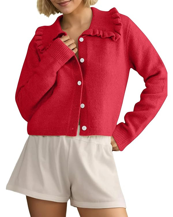 MISSACTIVER Women Ruffle Collar Cropped Cardigan Casual Lapel Button Down Sweaters Long Sleeve Op... | Amazon (US)