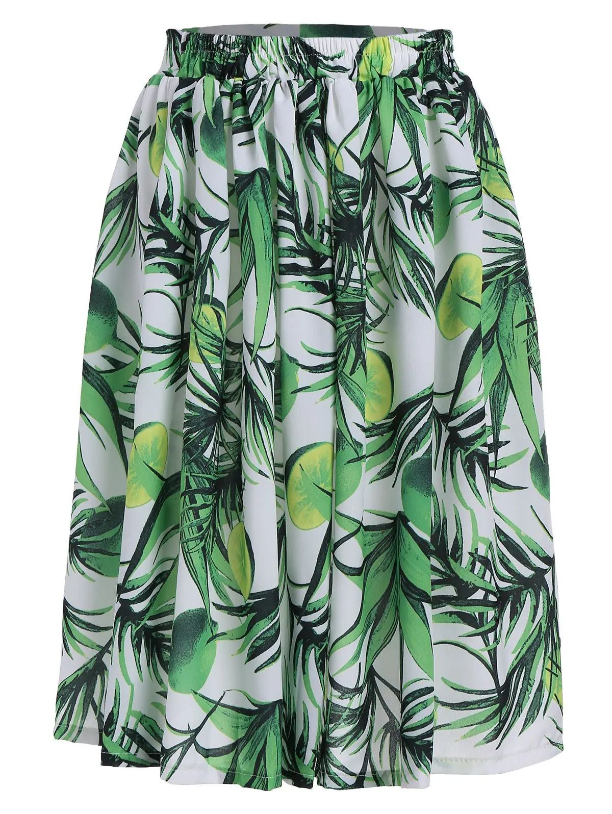 Lemon Leaf Print Elastic Waist Flared Skirt | Rosegal US