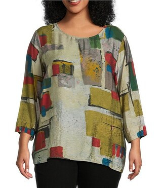 Ali Miles Plus Size Woven Abstract Multi Print Round Neck 3/4 Sleeve Hi-Low Hem Tunic | Dillard's | Dillard's