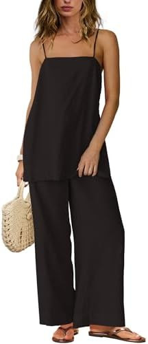 SENSERISE Linen Sets for Women 2 Piece Set Summer Beach Vacation Outfits Spaghetti Strap Tank Top... | Amazon (US)