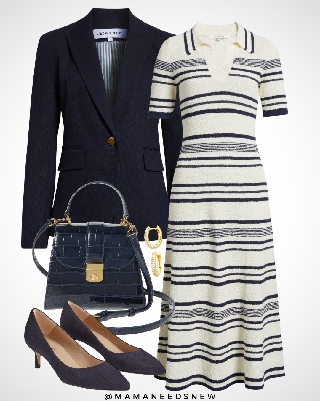A summer to fall transitional outfit with a blazer, knit dress, top handle bag, heels, great for the office 💙

#LTKItBag #LTKStyleTip #LTKSaleAlert