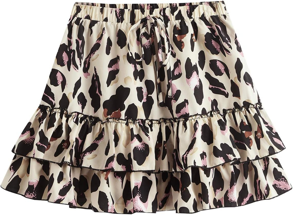 SheIn Women's Leopard Print Drawstring Waist Layer Ruffle Hem Short Skirt | Amazon (US)