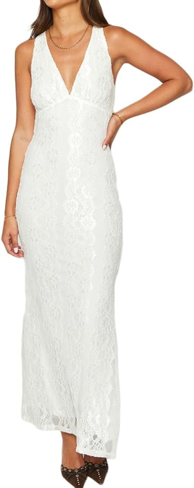 Elegant Lace Floral V Neck Backless Bodycon Dresses for Women Sexy Cut Out Low Back Sleeveless Ma... | Amazon (US)