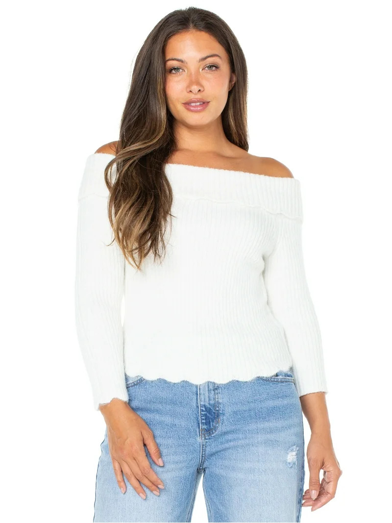 Celebrity Pink Women's Off Shoulder Scalloped Edge Sweater, Sizes XS-XXXL | Walmart (US)