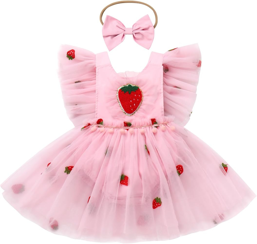 ODASDO Infant Baby Girls Strawberry Flower Flutter Sleeve Princess Romper Dress First Birthday Ca... | Amazon (US)