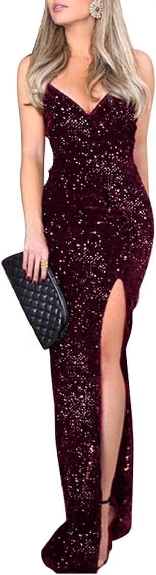 BerryGo Women's Sexy V Neck Bodycon Sequin Gown Evening Dress with Slit | Amazon (US)