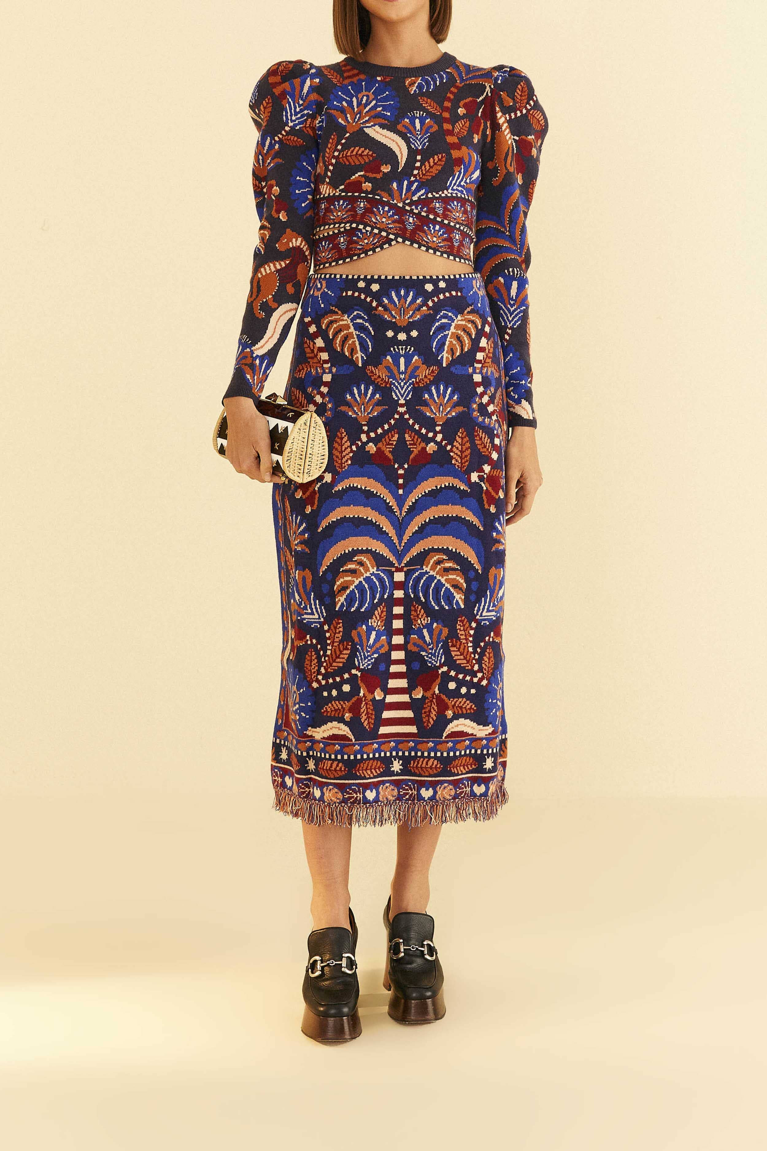 Blue Nature Beauty Scarf Knit Midi Skirt | FarmRio (US)