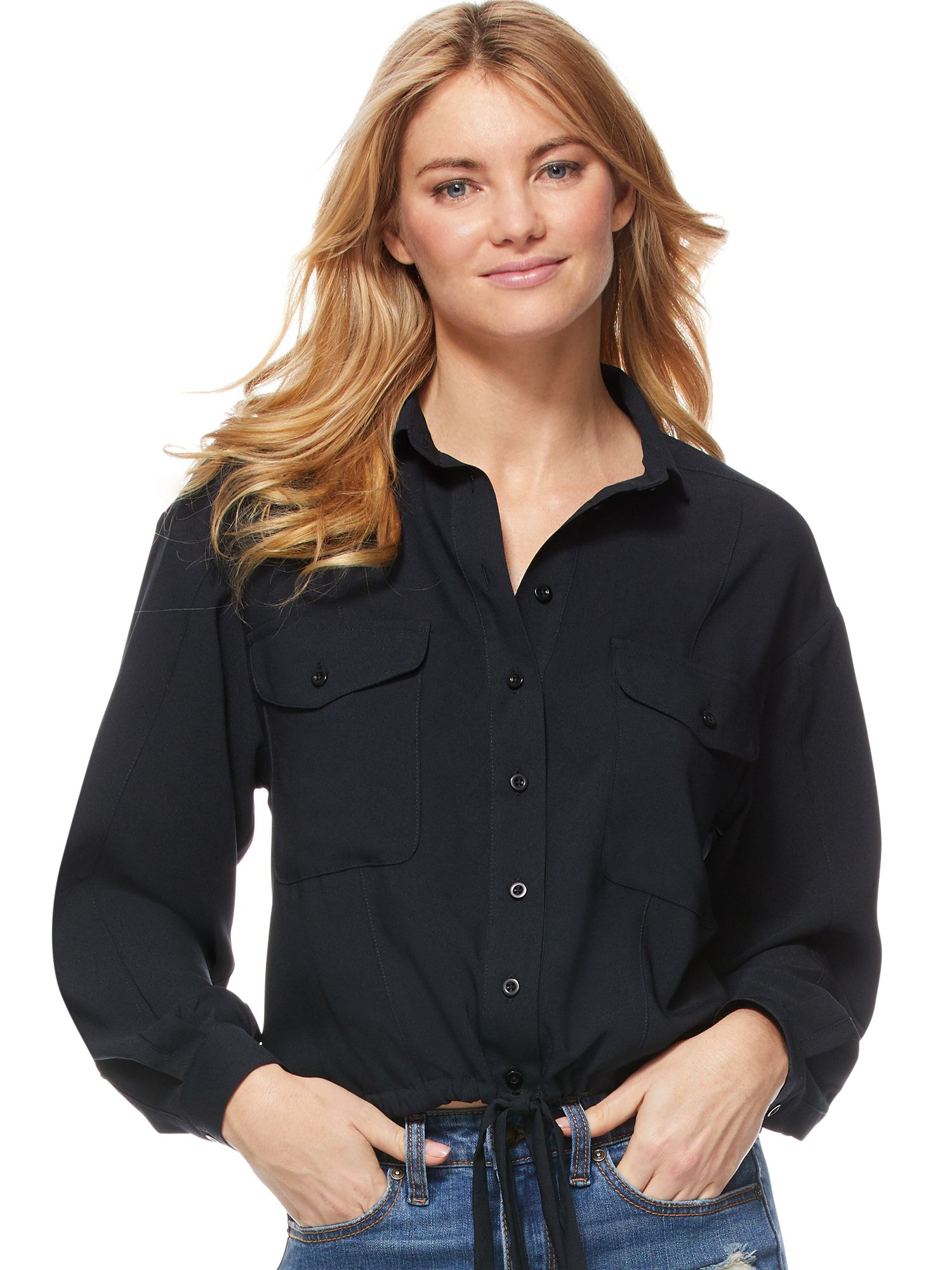 Scoop Button Front Blouse with Tie Women's | Walmart (US)