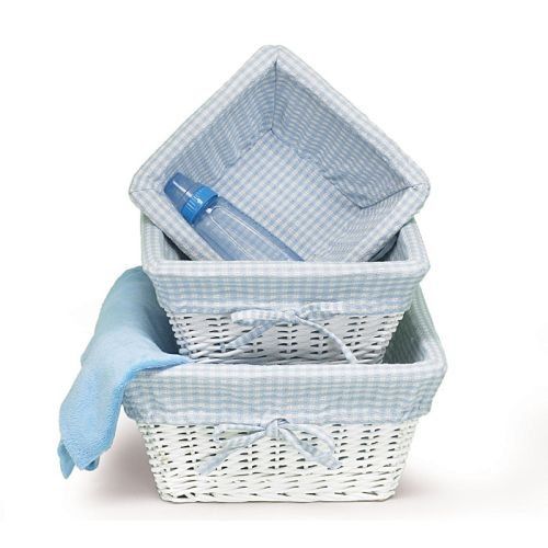 Set of 3 Baby Boy Nursery Storage Baskets White Willow with Blue Cotton Gingham Fabric | Amazon (US)