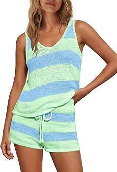 Yanekop Womens Striped Lounge Set 2 Piece Short Set Summer Sweater Sets Beach Vacation Outfits Ta... | Amazon (US)
