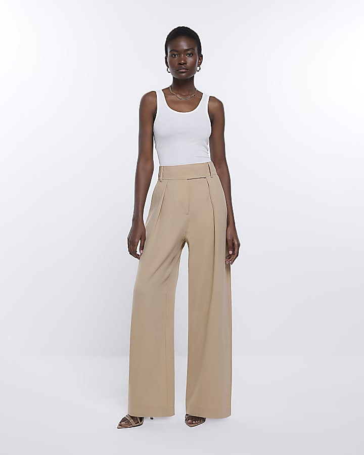 Beige wide leg pleated trousers | River Island (UK & IE)