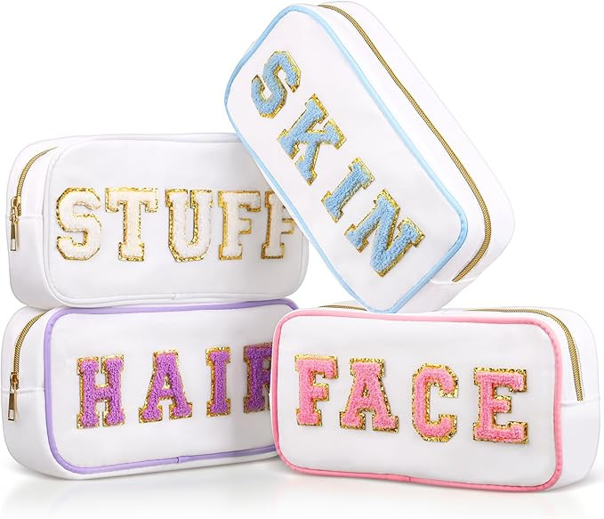 Cunno 4 Pcs Preppy Makeup Bags Chenille Letter Stuff Bag Nylon Cosmetic Pouch Cases with Zipper f... | Amazon (US)