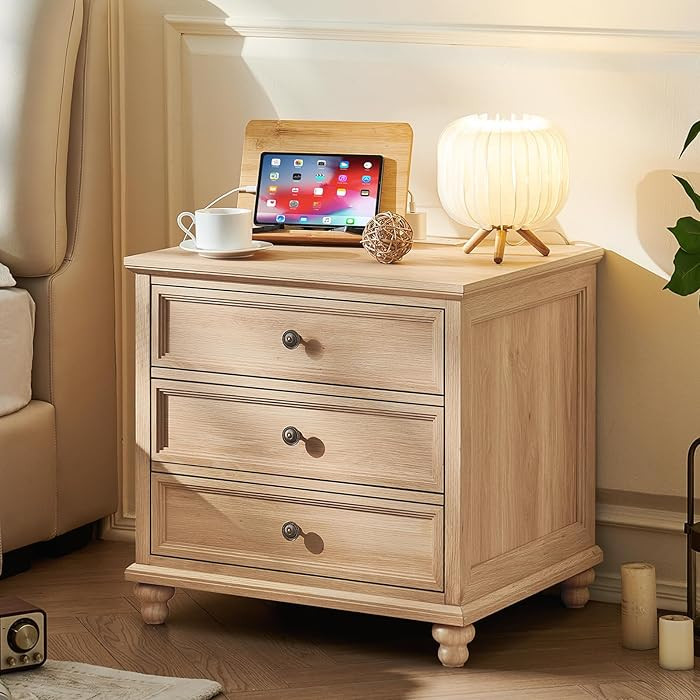 Farmhouse Nightstand with Charging Station, 24" Wide End Table with 3 Drawers,Natural Wood Dresse... | Amazon (US)
