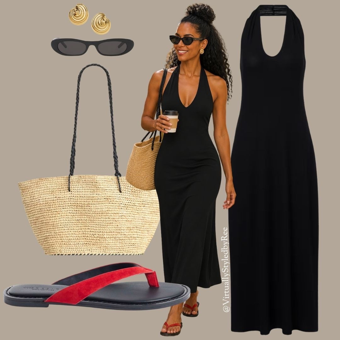 Effortless black halter dress, woven tote, statement gold earrings, chic sunnies, and a pop of red with minimalist sandals. The kind of outfit that takes you from a morning coffee stop to strolling cobblestone streets at golden hour 🤍✨

#LTKStyle #VacationStyle #SummerOutfit #ResortWear #FrenchRivieraStyle #BlackDress #EffortlessChic #EuropeanSummer #CapsuleWardrobe #VacationLooks #NeutralStyle #OOTD #StyleInspo #ClassicStyle #TravelStyle

#LTKsummer #LTKuk #LTKeurope
